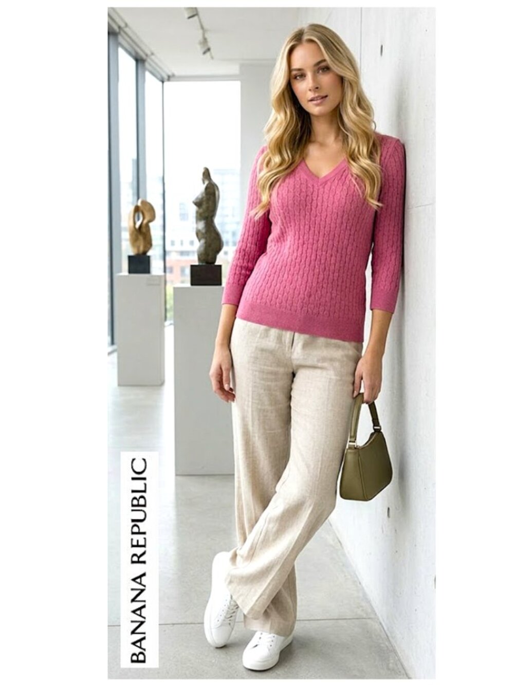Banana Republic - Wool & Cashmere - pink cable knit v-neck pullover sweater